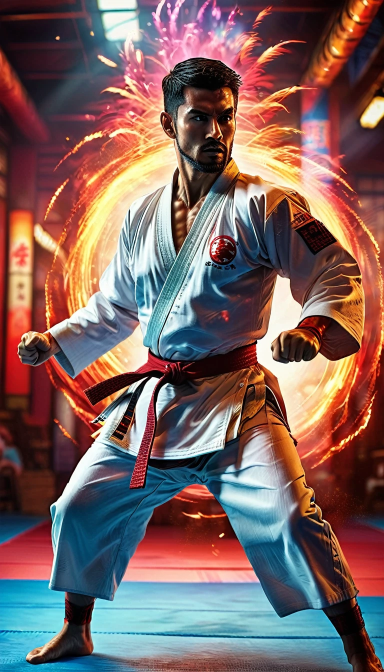 A karate fighter in action, detailed muscular body, intense martial arts pose, powerful kick, dramatic lighting, cinematic composition, vibrant colors, dynamic motion blur, hyper-realistic, 8K, 3D render, photorealistic, dramatic cinematic lighting, dramatic cinematic composition, highly detailed martial arts scene, ultra-detailed, best quality, masterpiece, professional photographer, physically-based rendering, extreme detail description, vivid colors, bokeh