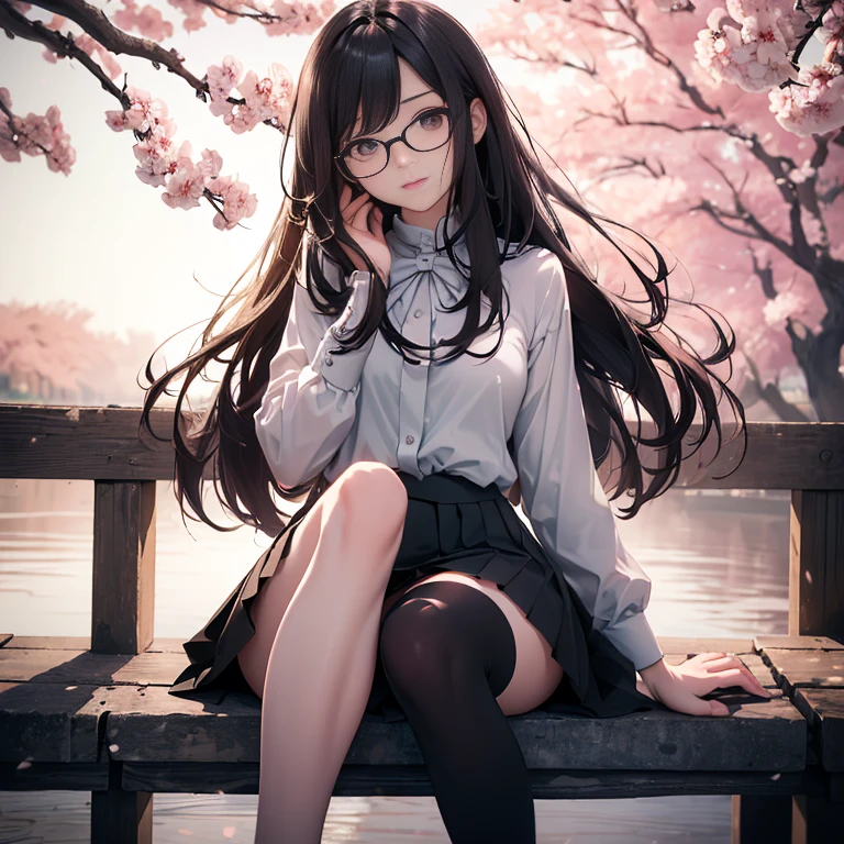 ((best quality)), ((masterpiece)), (detailed), (High contrast natural side daylight, Dynamic lighting, movie lighting), anime style, (((whole body))), Cute Japanese girl, perfect body structure:1.0, attractive body shape, Smooth and fair skin, (((Extra long)))Black slightly wavy hair, Long hair blowing in the wind, ((Super fine hair quality)), ((Shocking hair quality)), ((perfect hair quality)), Long and sexy legs, ((perfect feet quality)), (((Perfect hand quality))), Looks cute, long eye hair, thin eyebrows, big eyes, dark brown pupils, Slightly blush, Smile
((symmetrical clothes, Uniforms, white collar shirt, Black pleated student skirt，dark stockings, Dark student shoes)), Perfect clothing texture, perfect feet, (Beautiful scenery), (Breeze outdoors), Peaceful Japanese city broad streets, spring morning, ((Cherry blossoms)), whole body images, ((Perfect composition)), highlight the subject, (((Eye level photography:1))), (Careful depiction of environmental details:1.5), Depth of field control, ((Turn down color saturation:1.2)), (Japanese style photos:0.3), Rimless glasses