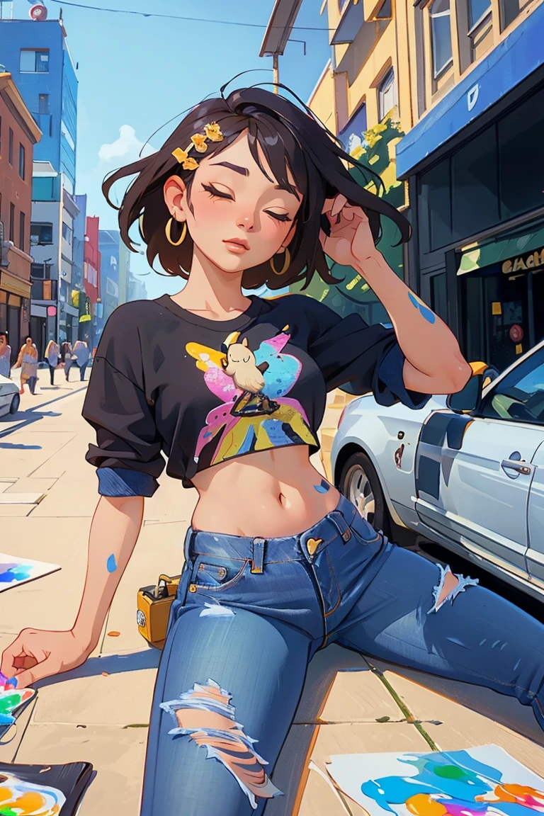 1 (wearing jeans macacão:1.3), Lie down on the grass, Aerial camera, sharp focus, bonitas, skinny,professional lighting,citys,Eyes Rendered,body high,adult woman,hair ornament,Most viewed Instagram,offical wallpaper, offcial art,(kpop idol), half-closed eyes,building,((photorealistic painting art by midjourney and greg rutkowski)),((Supermodel)),