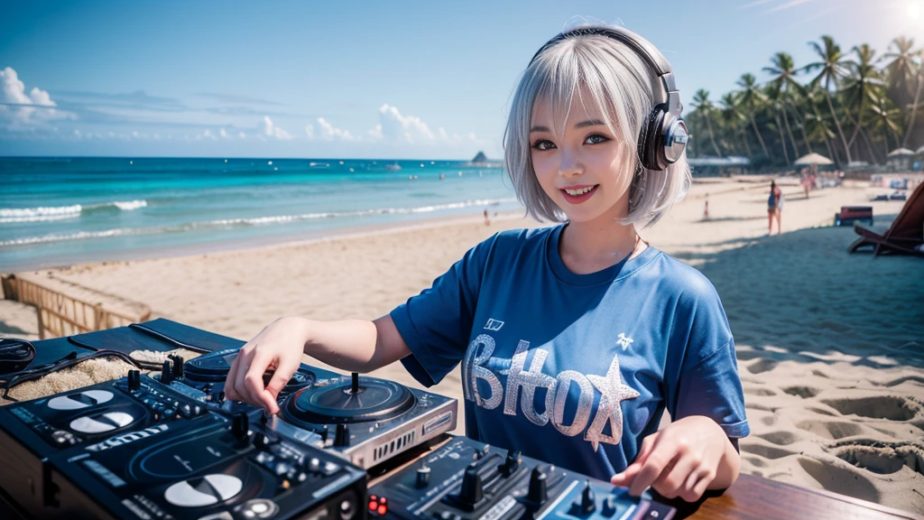 (ultra - detailed, 16K resolution, Cinema lenses, rendering by octane), (high resolution:1.18), intricate detail, (masterpiece:1.1), (highest quality:1.1), (1girl, portrait, white hair, blue eyes, short hair, detailed eyes),Wearing silver DJ headphones, Shiny silver sequined T-shirt, (in the beach:1.5), (Iconic hip-hop pop costumes:1.3), Smile while DJing on stage, DJ studio next to the beach, ((A stylish DJ stage on a hill overlooking the beach)), full body shot, Photorealistic photography by Sunshine, (cute round face:1.3), perfect fingers, five fingers, beautiful hands, perfect hands. master peace, cute smile.