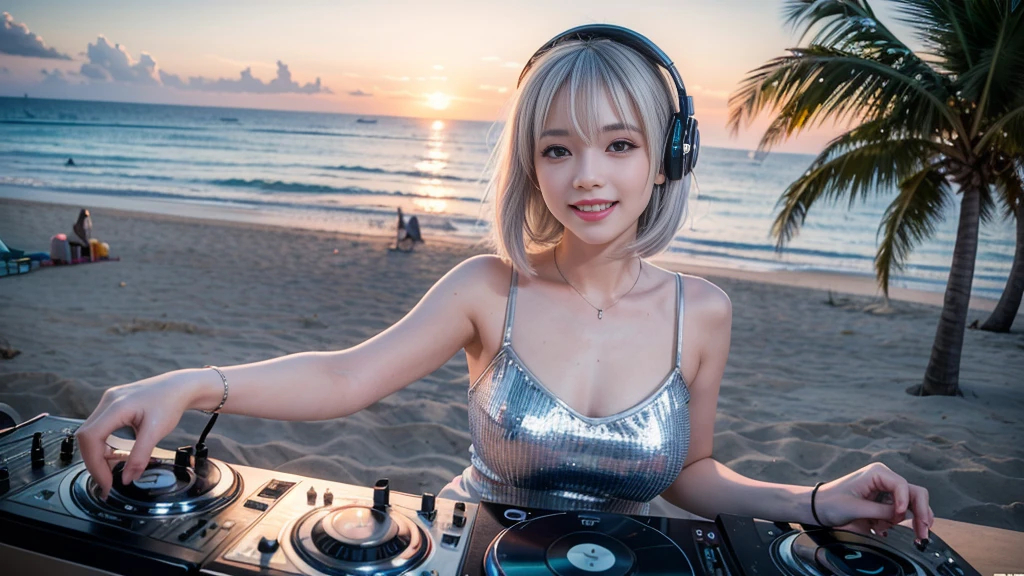 (ultra - detailed, 16K resolution, Cinema lenses, rendering by octane), (high resolution:1.18), intricate detail, (masterpiece:1.1), (highest quality:1.1), (1girl, portrait, white hair, blue eyes, short hair, detailed eyes),Wearing silver DJ headphones, Shiny silver sequined T-shirt, (in the beach:1.5), (Iconic hip-hop pop costumes:1.3), Smile while DJing on stage, DJ studio next to the beach, ((A stylish DJ stage on a hill overlooking the beach)), full body shot, Photorealistic photography by Sunshine, (cute round face:1.3), perfect fingers, five fingers, beautiful hands, perfect hands. master peace, cute smile.