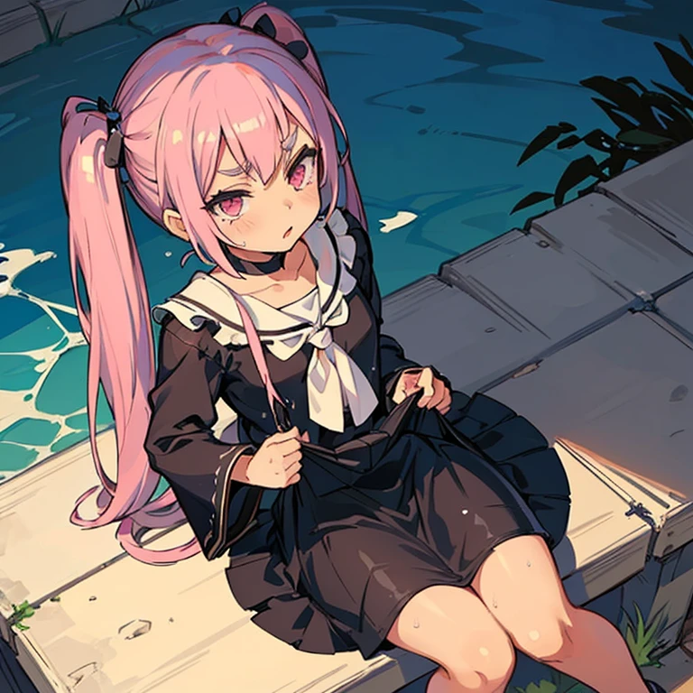 Girl with pink hair, long twintail hairstyle, ((small bushy eyebrows)), wearing gothic lolita clothing, lolicon , walking to school, look very flirtatious,,, (sitting with legs open lifting her skirt to show her vagina wet with semen), girl giving a blowjob to a male , male pov, looking from above view