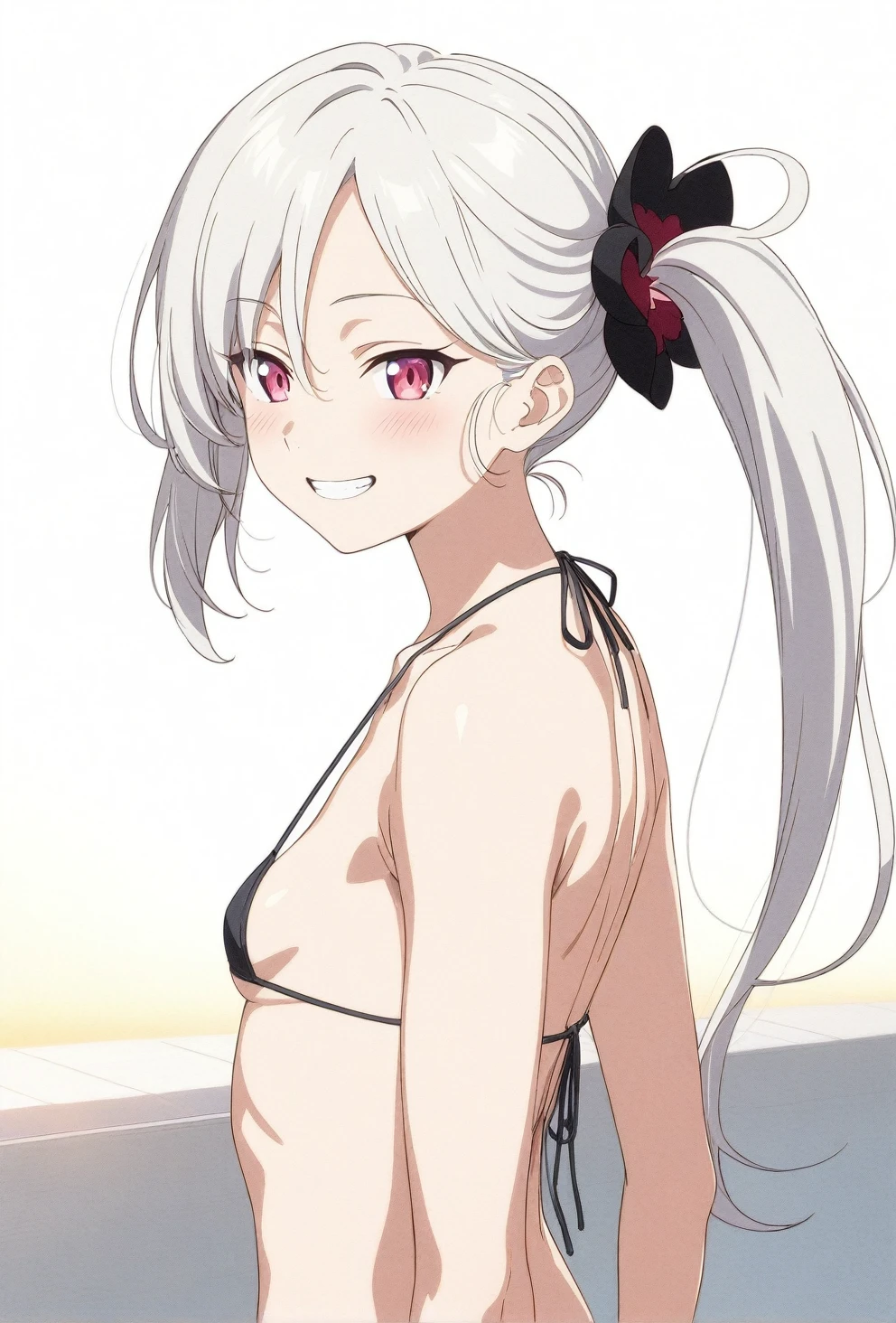 best quality, amazing quality, very aesthetic, absurdres, (1girl, mutsuki, blue archive, solo, red eyes, white hair, side ponytail), (realistic face:0.9),(string bikini:1.8), (grin, blush, thigh:1.3), (cowboy shot), (glowing eyes), (half closed eyes:0.9), (from side:2), (official art:1.3), (pool), expressive eyes, perfect face, 4k, extremely detailed anime illustration, extremely detailed eyes, perfect anatomy, light rays, extremely delicate body, smooth skin, (simple background:1.5), clear eyes, beautiful face, small breasts,(anime style:1.7), (Warm Light:1.5), (highres:2),