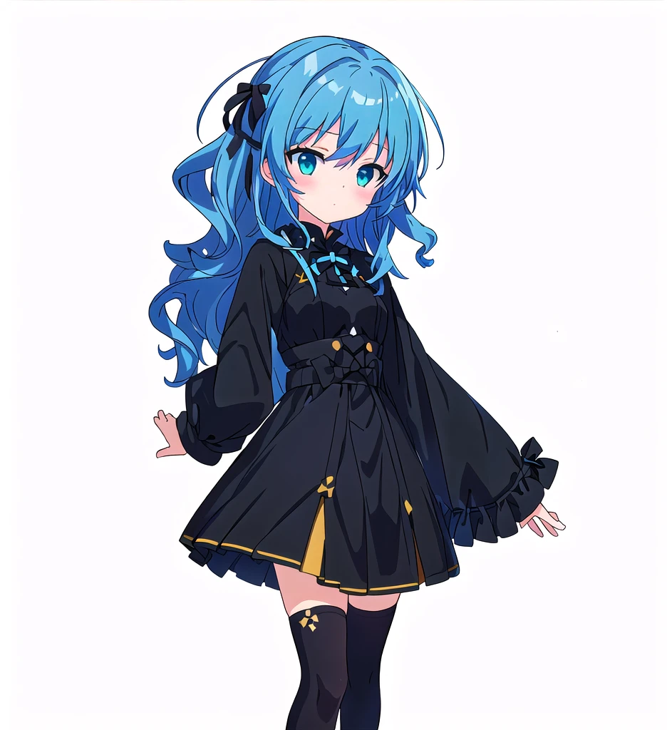 Highest quality, high resolution, High quality game art style, Official Art, whole body, Smooth game CG art, Cute 3D anime girl render, Visual Novel Sprites, White background, whole body, Smooth anime CG art, humanoid woman, JRPG Characters, Anime girl in a black dress and black coat, Gothic Lolita,Long skirt, White knee-high socks,Anime girl with light blue hair, Black Ribbon, black eye, Thin legs. Wavy Hair. long hair, Small Bust, Small breasts, 10 years old