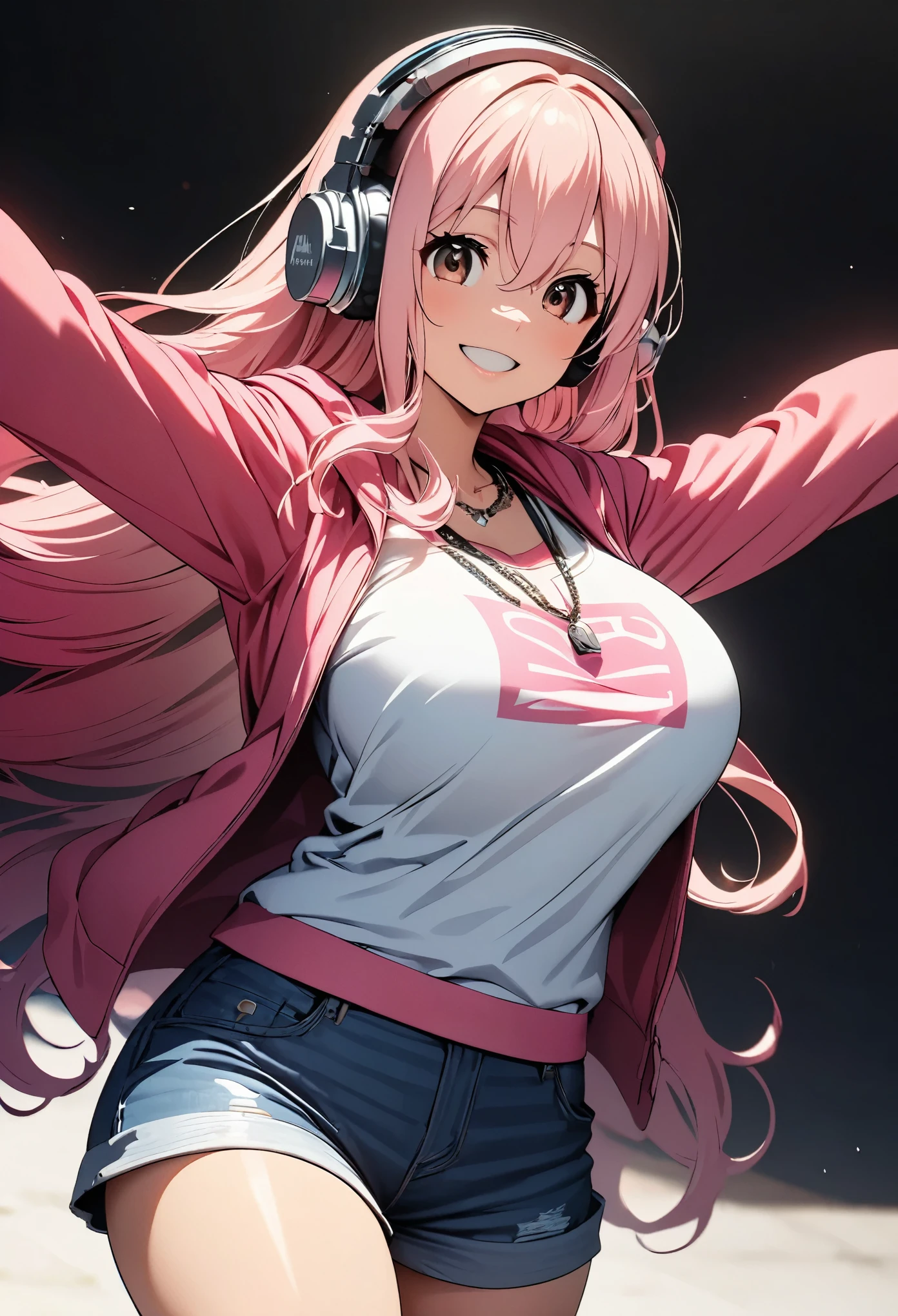(Highest quality:1.2, animeスタイル, anime:1.2, Very detailed, Latest, Vibrant, digital coloring, High Contrast, masterpiece:1.2, Highest quality, Best aesthetics), (((supersonic, Super Sonico:1.2, 1 Female))), Pink Hair, Long Hair, Gradient Hair, Reddish brown eyes, ((Big Breasts:1.2)), Silver_Headphones, Pink hoodie, necklace, Denim hot pants, Beautiful thighs, Black boots, smile:1.2, Random Pause, Dance Motion, Cowboy Shot, Simple Background.