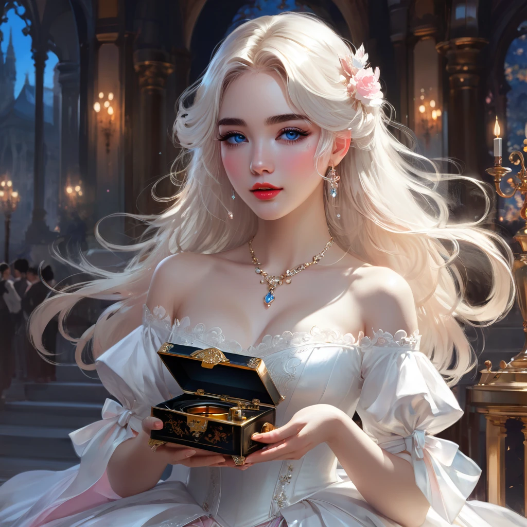 there is a woman in a white dress holding a Music Box, artwork in the style of guweiz, guweiz on pixiv artstation, guweiz on artstation pixiv, guweiz, fantasy art style, guweiz masterpiece, beautiful and elegant queen, beautiful character painting, detailed digital anime art, blonde - haired princess, White hair, sky blue eyes, pink lips