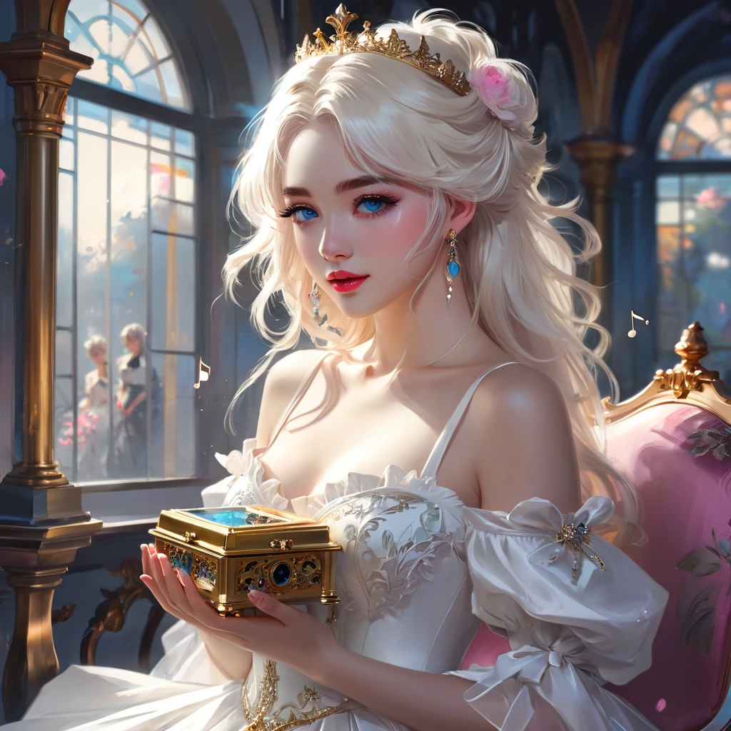 there is a woman in a white dress holding a Music Box, artwork in the style of guweiz, guweiz on pixiv artstation, guweiz on artstation pixiv, guweiz, fantasy art style, guweiz masterpiece, beautiful and elegant queen, beautiful character painting, detailed digital anime art, blonde - haired princess, White hair, sky blue eyes, pink lips
