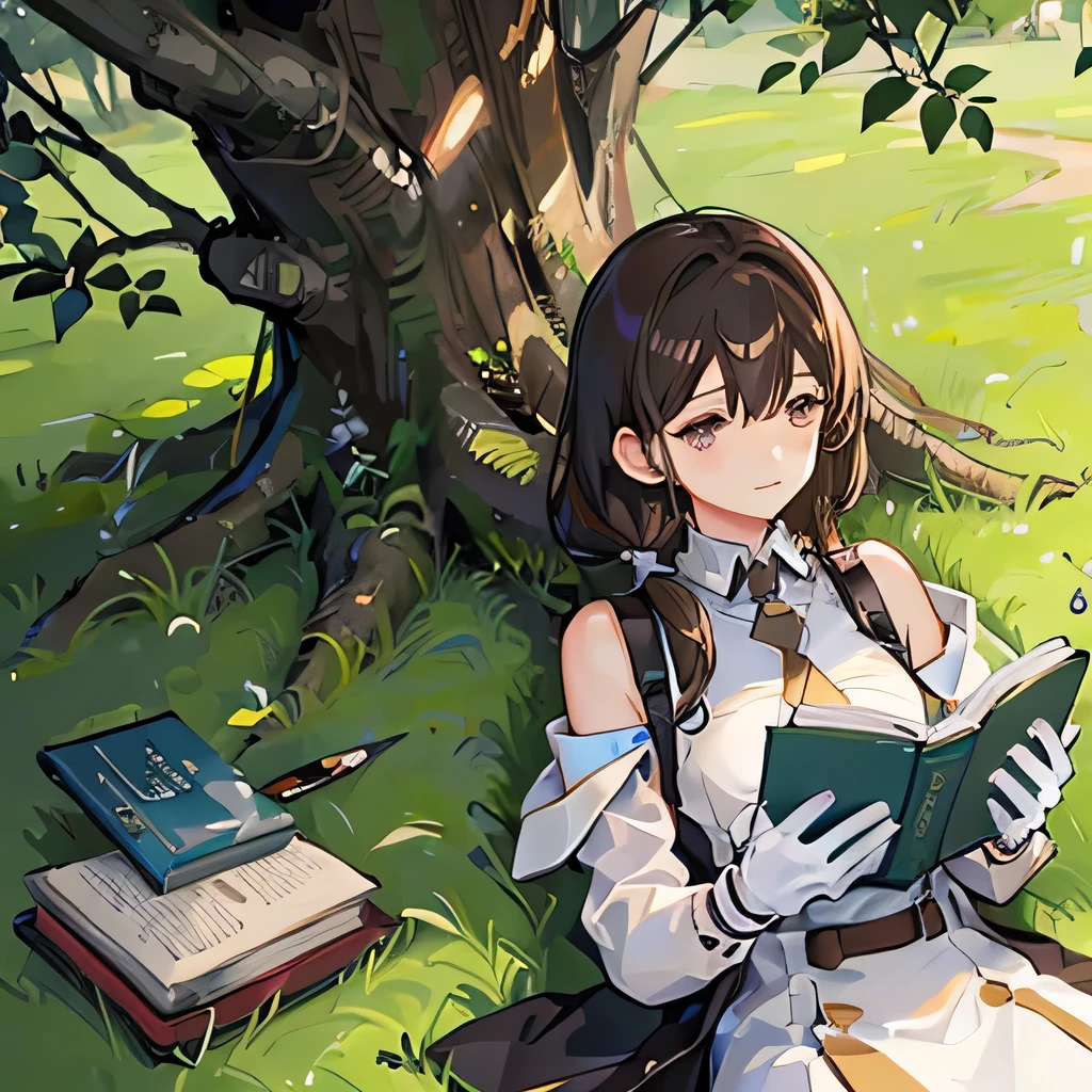 1. Female, alone, casual, Shoulder-length hair, Minimal makeup,   Brown Hair, White gloves，Book，pen，Under a big tree，Lying on your back，nap，warm day