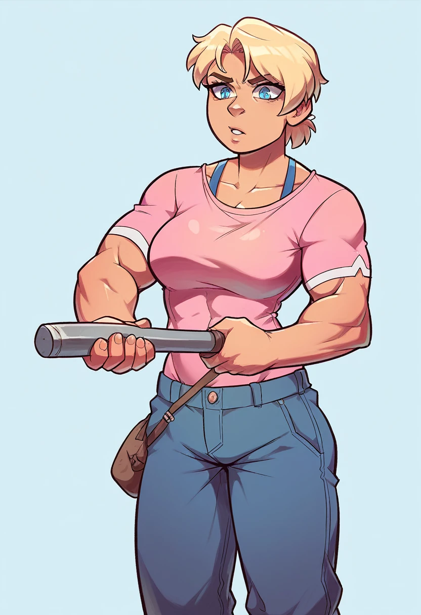 woman strong, musclegirl, blondie hair, blue colored eyes, Russian traits, holding a hatchet, pink clothes