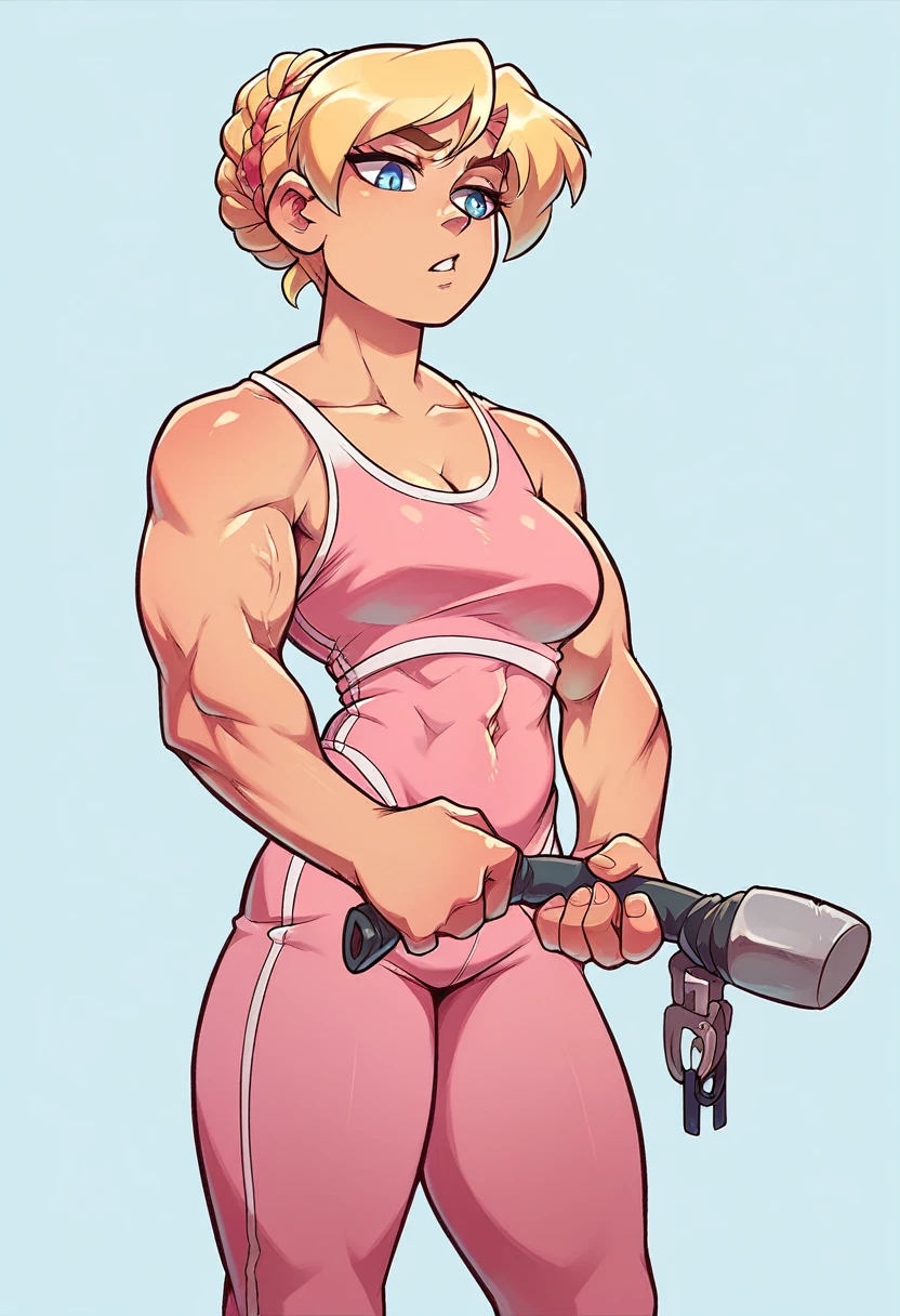woman strong, musclegirl, blondie hair, blue colored eyes, Russian traits, holding a hatchet, pink clothes