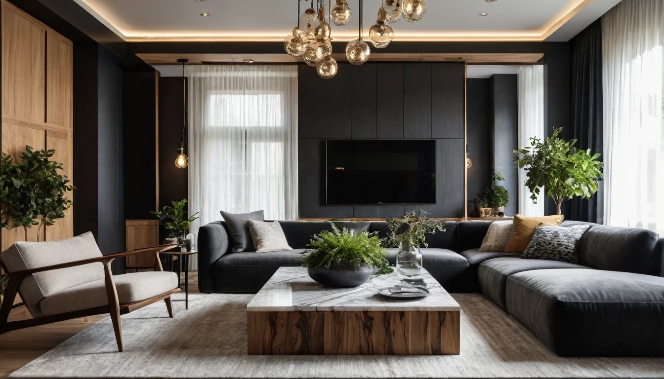 Close shot An elegant and cozy corner of A luxurious living room featuring a modern design with high-end materials. Shot with a high-quality DSLR camera,. The space showcases a harmonious blend of dark tones including matte black, grey, and natural wood. The centerpiece is a set of sophisticated modern chairs and a marble coffee table, paired with a stylish sectional sofa. Artistic pendant lights hang from the ceiling, casting a warm, inviting glow that enhances the room's ambiance. Decorative elements include a small indoor garden with greenery and decorative stones, and walls adorned with marble and wood paneling. The use of metal accents adds a contemporary touch. A sleek cabinetry wall and a glass display add sophistication to the space. The room layout is open and spacious, creating a seamless flow between different functional areas. Shallow depth of field, bokeh background, focused foreground. ((8k)), high quality detail, sophisticated and calming environment. depth of field camera, 50mm, ((8k)), high quality detail, soothing and elegant ambiance. , ((8k)), ((UHD)), 8k, high quality detail, realistic photo, luxurious, beautiful, modern, soothing, cozy, peaceful, cottagecore