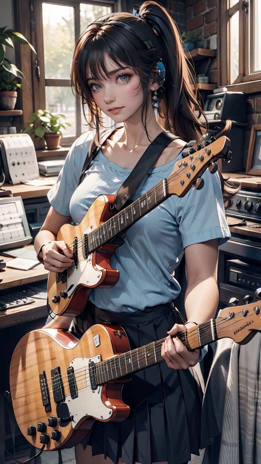 ((masterpiece, Highest quality))One girl, alone, Black Dress, blue eyes, electric guitar, guitar, Headphones, Double Ponytail, Holding, Holding plectrum, musical instrument, Long Hair, music, One side up, Turquoise Hair, Twin tails, guitarを弾く, Pleated skirt, Black Shirt, interior