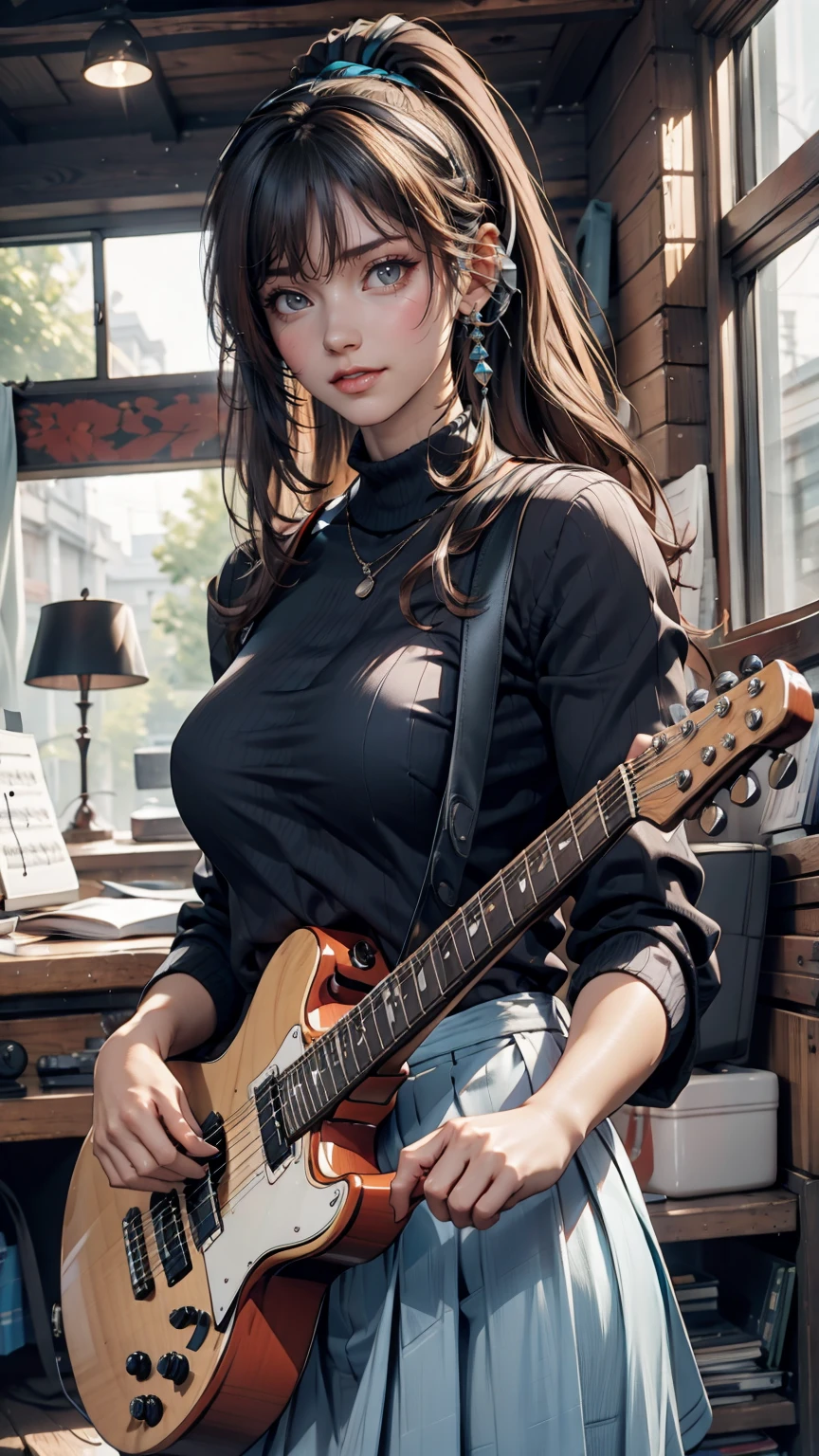 ((masterpiece, Highest quality))One girl, alone, Black Dress, blue eyes, electric guitar, guitar, Headphones, Double Ponytail, Holding, Holding plectrum, musical instrument, Long Hair, music, One side up, Turquoise Hair, Twin tails, guitarを弾く, Pleated skirt, Black Shirt, interior