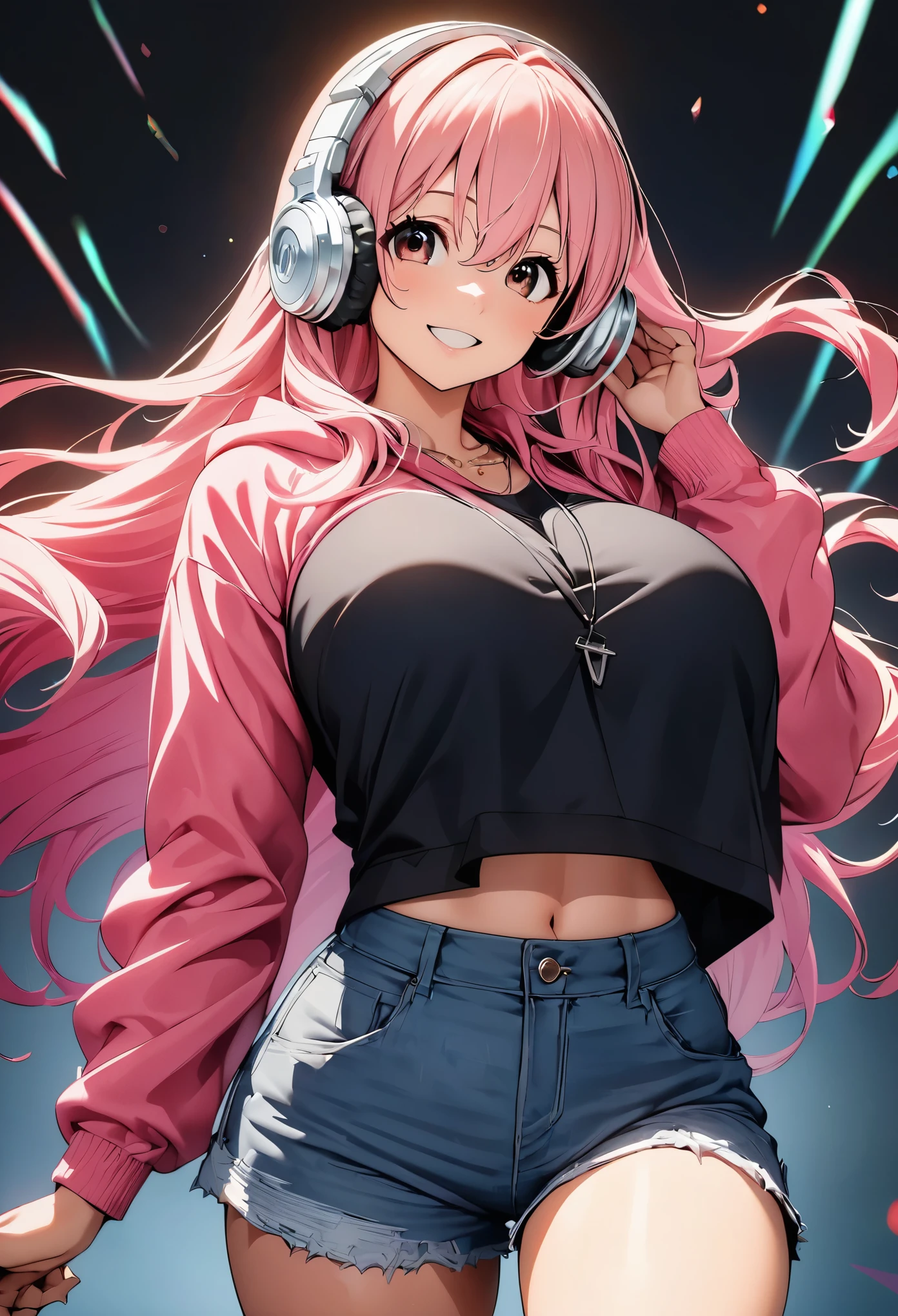 (Highest quality:1.2, animeスタイル, anime:1.2, Very detailed, Latest, Vibrant, digital coloring, High Contrast, masterpiece:1.2, Highest quality, Best aesthetics), (((supersonic, Super Sonico:1.2, 1 Female))), Pink Hair, Long Hair, Gradient Hair, Reddish brown eyes, ((Big Breasts:1.2)), Silver_Headphones, Pink hoodie, necklace, Denim hot pants, Beautiful thighs, Black boots, smile:1.2, Random Pause, Dance Motion, Cowboy Shot, Simple Background.