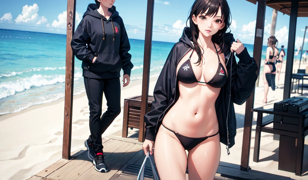 ((Highest quality)), ((masterpiece)), (detailed), One woman, sexy,Walking on the beach,She is wearing a hoodie over her bikini,Hair is stiff
