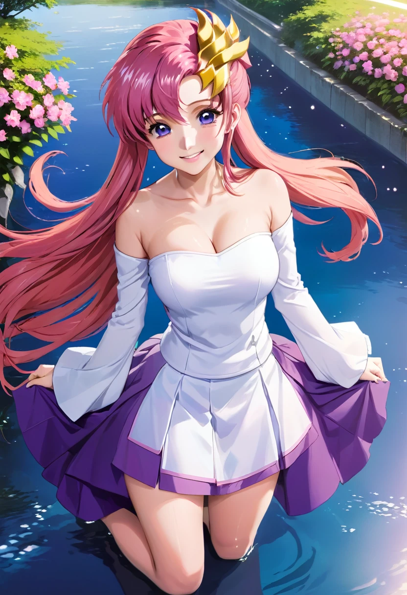 ((64k,Ultra-high resolution,Super best quality,masterpiece,Hyperrealistic,Young and adorable, beautiful, young, adorable,young woman,Full body photo,Full body angle,Whole Body Ezbian,)),GundamSEED,Lacus Clyne,Pink Hairの毛,Blue Eyes,Detailed eyes,Detailed skin,Detailed face,Shiny skin,Detailed Hair,White skin,Perfect lighting,Glossy Lips,京都animeーション, animeカラーリング ,Klein Lake,GundamSEED , Pink Hair, Straight hair,blue eyes , (((hair ornaments, White sleeves,豪華なWhite Dress, 豪華なPurple Skirt, 贅沢なLong skirt))),Very long hair, Bare shoulders, Star background,2002s \(style\),anime, Lacus 1, One girl, alone, hair ornaments, White sleeves, blue eyes, White Dress, Purple Skirt, Long skirt, Very long hair, Bare shoulders, Large Breasts, smile, Gundam, On the floor,Water Lake,Swimsuit,Yukata,smile,Many beautiful flowers are blooming,In a dress
