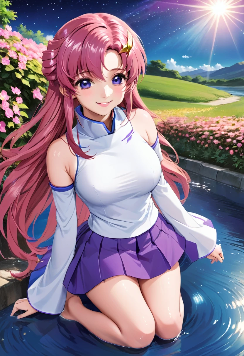 ((64k,Ultra-high resolution,Super best quality,masterpiece,Hyperrealistic,Young and adorable, beautiful, young, adorable,young woman,Full body photo,Full body angle,Whole Body Ezbian,)),GundamSEED,Lacus Clyne,Pink Hairの毛,Blue Eyes,Detailed eyes,Detailed skin,Detailed face,Shiny skin,Detailed Hair,White skin,Perfect lighting,Glossy Lips,京都animeーション, animeカラーリング ,Klein Lake,GundamSEED , Pink Hair, Straight hair,blue eyes , (((hair ornaments, White sleeves,豪華なWhite Dress, 豪華なPurple Skirt, 贅沢なLong skirt))),Very long hair, Bare shoulders, Star background,2002s \(style\),anime, Lacus 1, One girl, alone, hair ornaments, White sleeves, blue eyes, White Dress, Purple Skirt, Long skirt, Very long hair, Bare shoulders, Large Breasts, smile, Gundam, On the floor,Water Lake,Swimsuit,Yukata,smile,Many beautiful flowers are blooming,In a dress