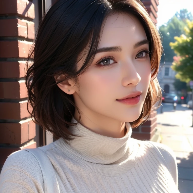 A beautiful young woman, short hair, (1girl), casual outfit, detailed face, alluring eyes, full lips, large bust, turtle neck t-shirt, gray vest, outdoor setting, soft lighting, warm colors, (best quality,4k,8k,highres,masterpiece:1.2),ultra-detailed,(realistic,photorealistic,photo-realistic:1.37),cinematic, beautiful detailed eyes, beautiful detailed lips, extremely detailed face and eyes, long eyelashes, intricate clothing textures, elegant posing, warm smile, romantic atmosphere