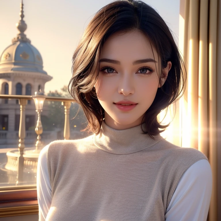 A beautiful young woman, short hair, (1girl), casual outfit, detailed face, alluring eyes, full lips, large bust, turtle neck t-shirt, gray vest, outdoor setting, soft lighting, warm colors, (best quality,4k,8k,highres,masterpiece:1.2),ultra-detailed,(realistic,photorealistic,photo-realistic:1.37),cinematic, beautiful detailed eyes, beautiful detailed lips, extremely detailed face and eyes, long eyelashes, intricate clothing textures, elegant posing, warm smile, romantic atmosphere