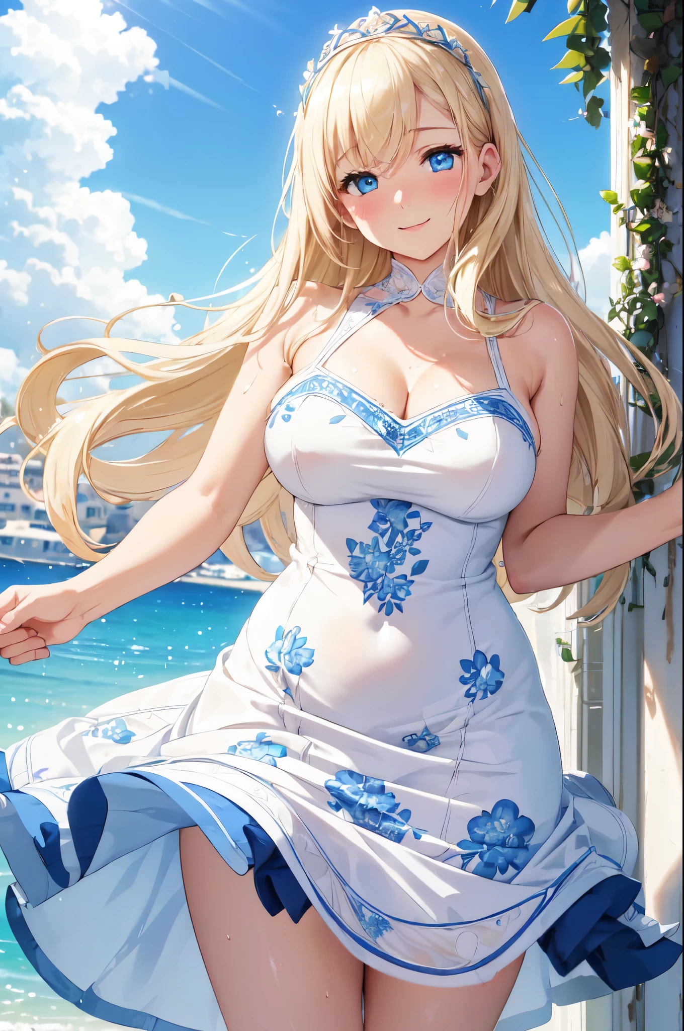 (High quality, High resolution, Fine details), Mediterranean coastal town, a white base dress with blue floral pattern, elegant, feminine, graceful, solo, curvy adult women, blonde hair, sparkling eyes, (Detailed eyes:1.2), smile, blush, Sweat, Oily skin, natural lighting, cinematic composition, Soft tones, shallow depth of field