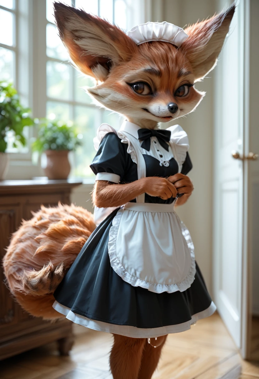 Score_9, Score_8_up, Score_7_up, Score_6_up, Score_5_up, Score_4_up, source_anime, female furry, furry, anime style, vulpera, standing, cumdrip, after anal sex, maid, indoor