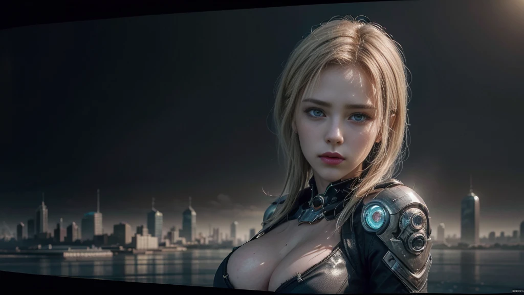 masterpiece,best quality,high resolution,8K,(Portraits:1.5),(R Original Photo),The real situation,Digital Photography,(A fusion of cyberpunk and fantasy),(Female Officer),White women,Feel free to hairstyle,blonde,blue eyes,By Bangs,(Large Breasts, Accessories,shut your mouth,Elegant and charming,Serious and arrogant,Calm and handsome,(Combination of cyberpunk and fantasy style clothing,hollow-carved design,Large Breasts,Photo poses,Realistic style,Gray World Background,oc render reflection texture,futuristic city,Medium distance photography