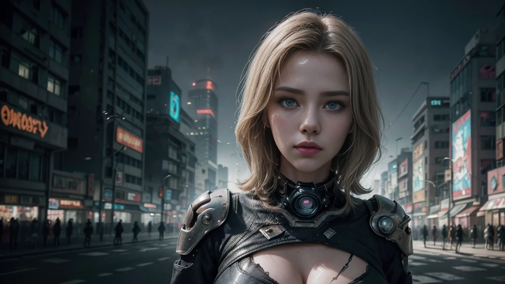 masterpiece,best quality,high resolution,8K,(Portraits:1.5),(R Original Photo),The real situation,Digital Photography,(A fusion of cyberpunk and fantasy),(Female Officer),White women，Feel free to hairstyle,blonde，blue eyes，By Bangs,(Large Breasts, Accessories,shut your mouth,Elegant and charming,Serious and arrogant,Calm and handsome,(Combination of cyberpunk and fantasy style clothing,hollow-carved design,Large Breasts，Photo poses,Realistic style,Gray World Background,oc render reflection texture，futuristic city，Medium distance photography