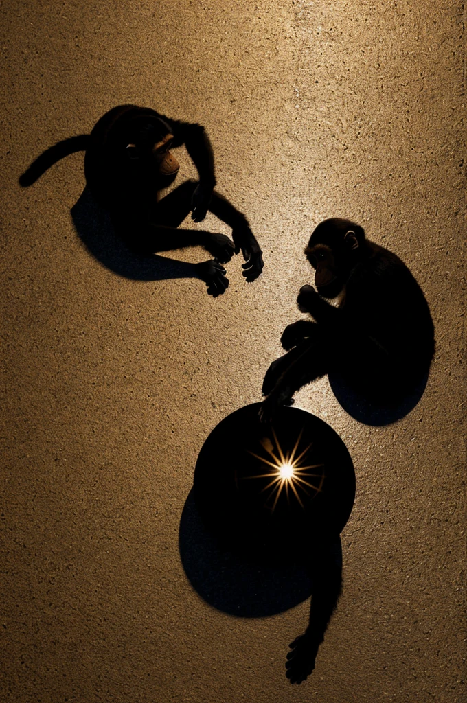 Objects that form a silhouette of a monkey on a solid background in an overhead shot.