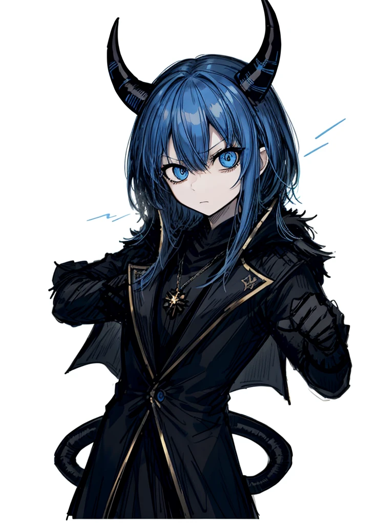 1boy, blue eyes, blue hair, wizard clothes, demon horns, nice clothes, (high resolution, high detail, best quality),
black background, serious,