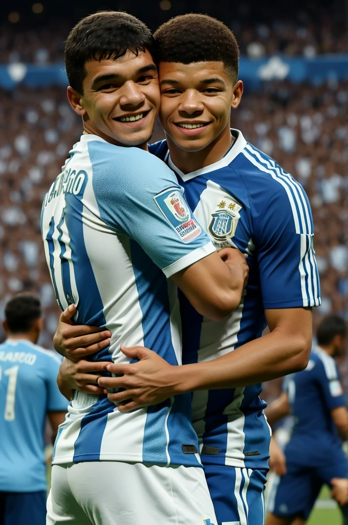 Create a hyperrealistic image of Diego Maradona and Kylian Mbappé hugging, showing a genuine and friendly connection. Both must be smiling and dressed in soccer jerseys, Maradona with that of Argentina and Mbappé with that of France, in a stadium full of fans. Make sure you capture the essence of both football legends, highlighting his legacy and sporting spirit.