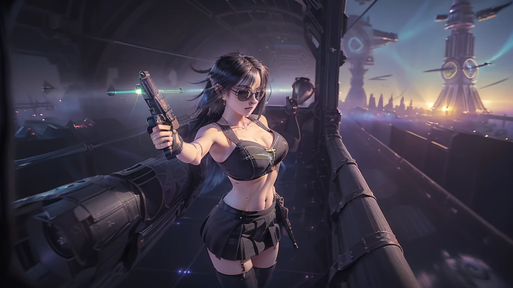 (aerial view). at night, futuristic sci-fi cyberpunk city, broad viaduct, skyscrapers at the end of the viaduct, the movie "13th Floor" style, (((((vortex-spirit-spreading giant clock tower as time machine))))), hq. Matrix style, at night, (1girl, solo), photo realistic, (large-breast:1.2 slim body, cleavage:1.3), (((tube top, extreamly short pleated (((miniskirt))) exposing panty))), (((((matrix style black sunglasses))))), (((((aiming at camera with a (short pistol)))))), (((half-body (thigh level) medium shot))), (cinematic lighting).