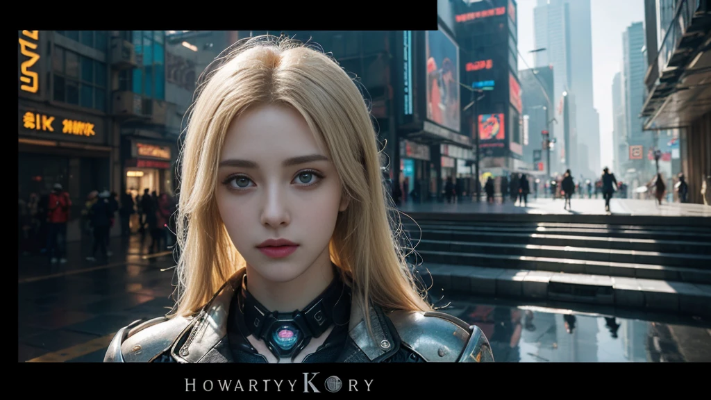 masterpiece,best quality,high resolution,8K,(Portraits:1.5),(R Original Photo),The real situation,Digital Photography,(A fusion of cyberpunk and fantasy),(Female Officer),White women，Feel free to hairstyle,blonde，blue eyes，By Bangs,(Large Breasts, Accessories,shut your mouth,Elegant and charming,Serious and arrogant,Calm and handsome,(Combination of cyberpunk and fantasy style clothing,hollow-carved design,Large Breasts，Photo poses,Realistic style,Gray World Background,oc render reflection texture，futuristic city，Medium distance photography