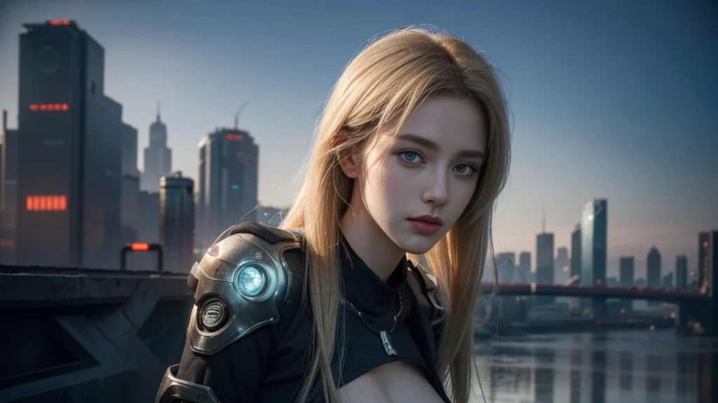 masterpiece,best quality,high resolution,8K,(Portraits:1.5),(R Original Photo),The real situation,Digital Photography,(A fusion of cyberpunk and fantasy),(Female Officer),White women,Feel free to hairstyle,blonde,blue eyes,By Bangs,(Large Breasts, Accessories,shut your mouth,Elegant and charming,Serious and arrogant,Calm and handsome,(Combination of cyberpunk and fantasy style clothing,hollow-carved design,Large Breasts,Photo poses,Realistic style,Gray World Background,oc render reflection texture,futuristic city,Medium distance photography