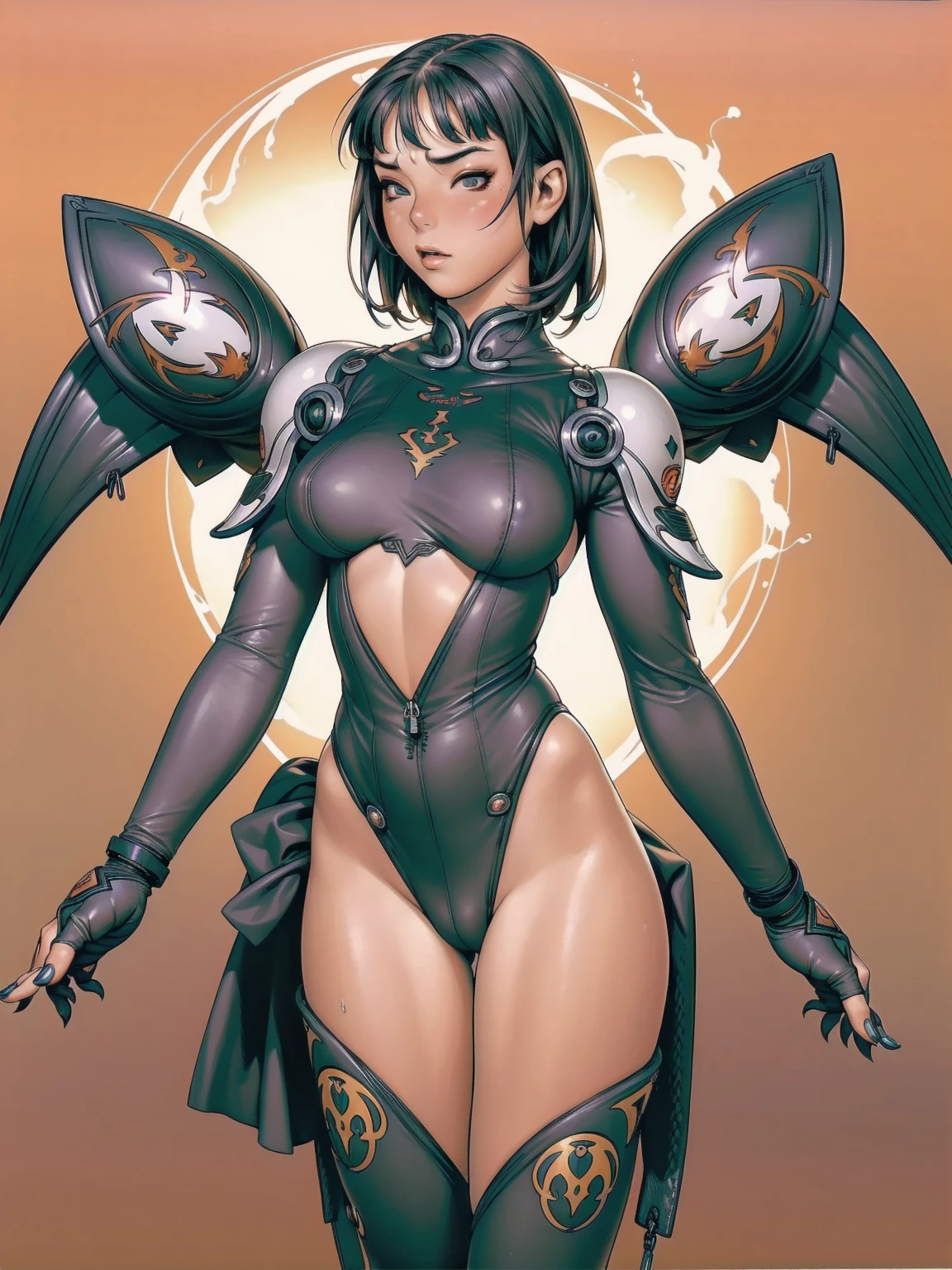 ((best qualityer)), (((Venom outfit))), (((slim))), (Muscles), (((Bettie Page style fringe))), (((Venom sexy))), ((Perfect masterpiece)), (detailded: 1.4), (absurdrez), (((long hair with heavy bangs covering the entire forehead))), (((full body fitness, Venom symbol)), (((short hair woman, blushful))), 21 year old woman, beautiful sexy woman, giant robot pilot, wild with perfect corpo fitness, wearing small mecha battle armor clothes, tiny thong, Shonen manga style, clothing with Japanese cyberpunk graphic patterns, Halftone pattern and vertical stripes, earth tone, exiting the body of a giant robot, (((cowboy shot)))