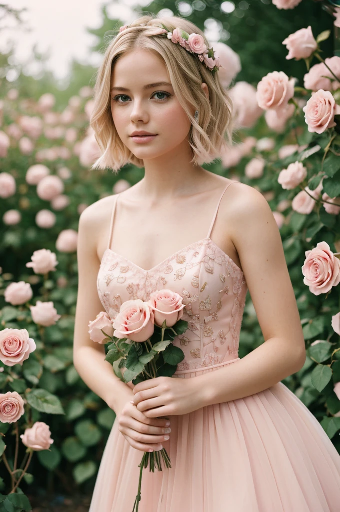 8k, photo and gross, fujifilm, Style photography of a beautiful young girl like Avril in a light pink rose garden. (very detailed skin: 1.2) Style-Petal BREAK short hair, blonde hair with colored highlights, wearing a dress, film grain, 35mm, beautiful style
