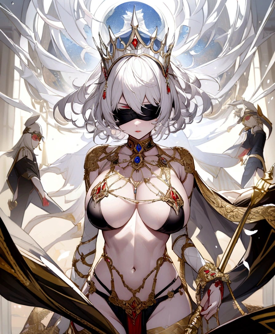 Black bikini, white crown, bare belly, big breasts, white hair, red eyes, justice, Blindfold