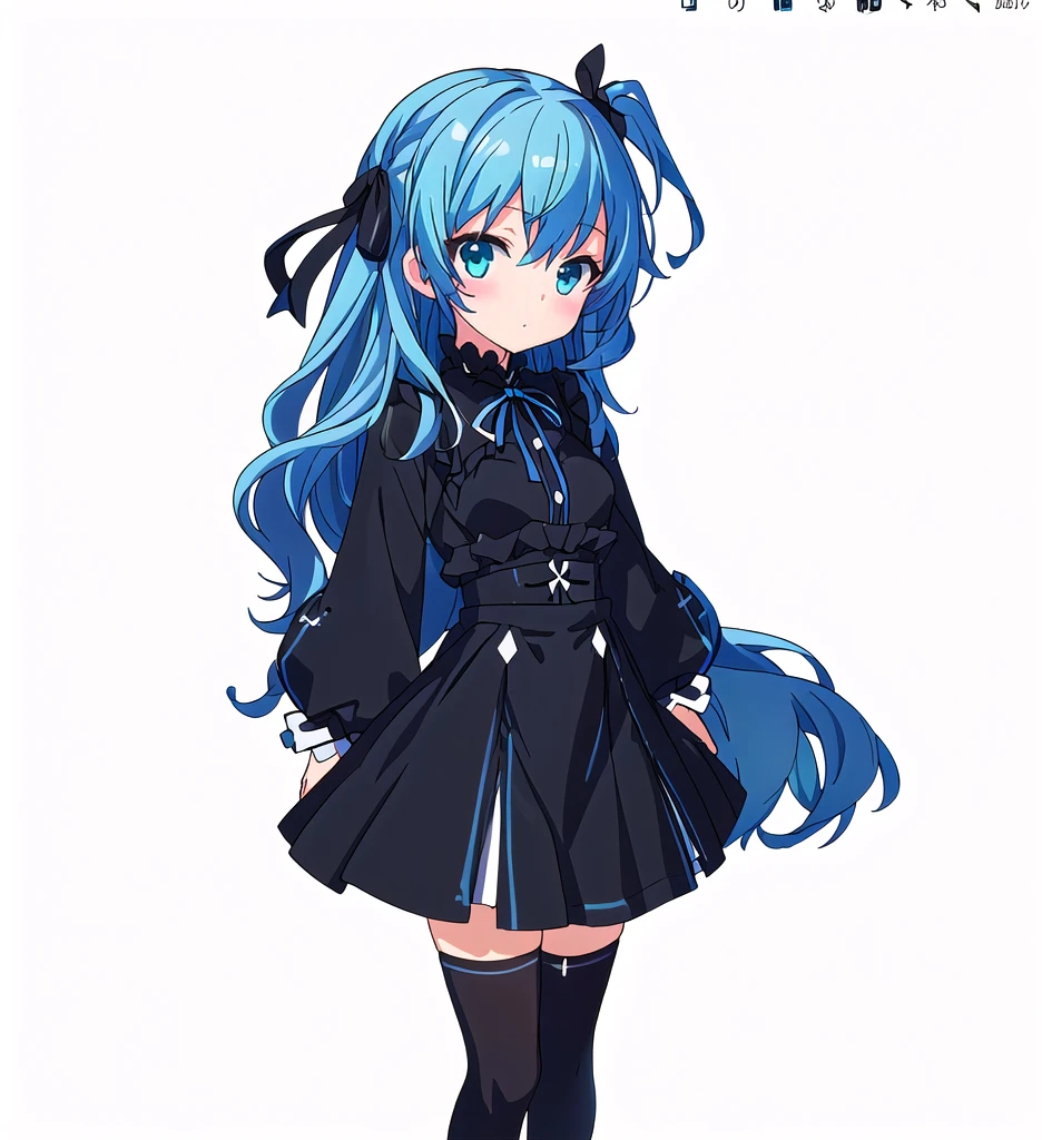 Highest quality, high resolution, High quality game art style, Official Art, whole body, Smooth game CG art,　Cute 3D anime girl render, Visual Novel Sprites, White background, whole body, Smooth anime CG art, humanoid woman, JRPG Characters, Anime girl in a black dress and white shirt, Gothic Lolita,Long skirt, White knee-high socks,Anime girl with light blue hair, Black Ribbon, black eye, Thin legs. Wavy Hair. long hair, Small Bust, Small breasts, 10 years old,