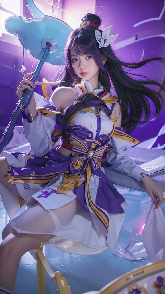 An eighteen-year-old young woman with long purple hair in a sailor suit sits in a classroom (school 1.5 in the background) (expression serious, cold 1.5) (best quality: 1.1) (masterpiece: 1.3) with an unparalleled masterpiece, surreal 8K, perfect artwork, super detail, best quality, masterpiece 4K wallpaper aesthetics, masterpiece, award-winning artwork, official art, cinematic lighting