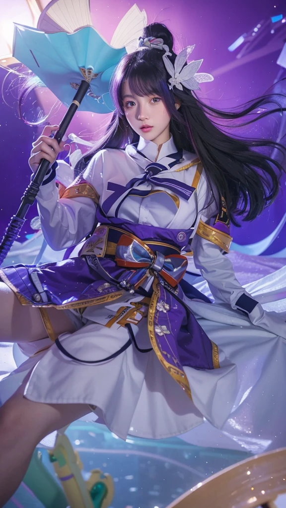 An eighteen-year-old young woman with long purple hair in a sailor suit sits in a classroom (school 1.5 in the background) (expression serious, cold 1.5) (best quality: 1.1) (masterpiece: 1.3) with an unparalleled masterpiece, surreal 8K, perfect artwork, super detail, best quality, masterpiece 4K wallpaper aesthetics, masterpiece, award-winning artwork, official art, cinematic lighting