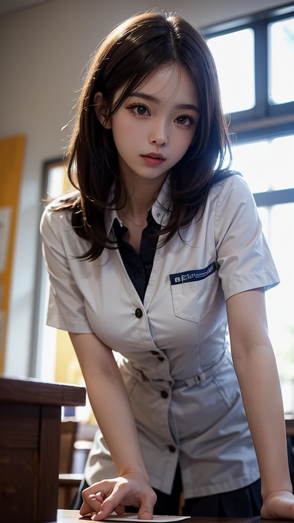 Tabletop, Highest quality, figure, Super detailed, In detail, High resolution, 8k wallpaper, Perfect dynamic composition, Beautiful attention to detail, Natural Lip,Wear a uniform、Blurry school background