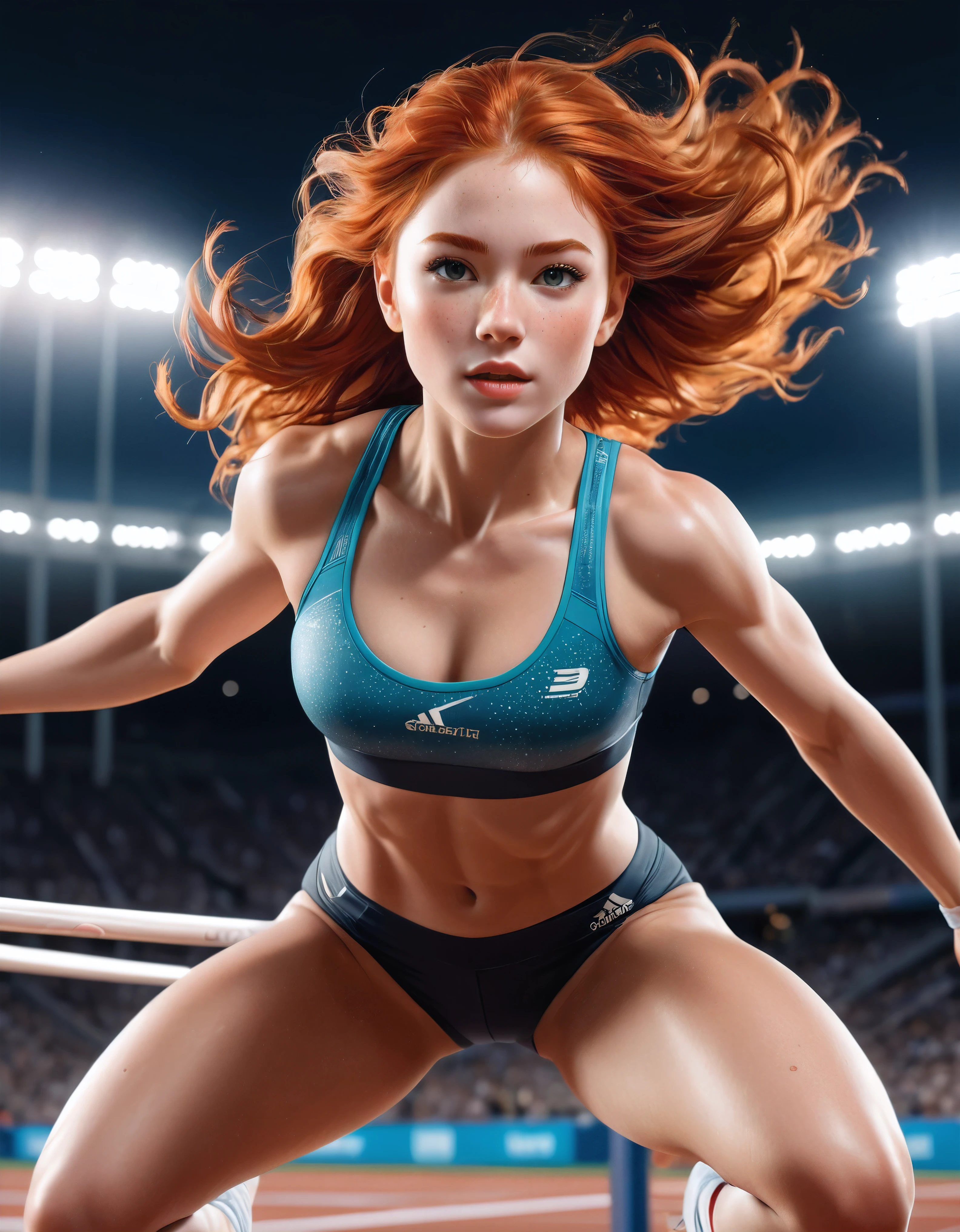 ((Masterpiece in maximum 16K resolution):1.6),((soft_color_photograpy:)1.5), ((Ultra-Detailed):1.4),((Movie-like still images and dynamic angles):1.3), ((motion blur):1.1) | Create an 8K, ultra-high-resolution masterpiece with the best quality, capturing the essence of candid sports photography. | The subject is a red-headed female athlete with short, wavy, bright red hair and freckles. Her skin should have an ultra-realistic texture, with glowing eyes and hair that also exhibits a lifelike texture. Her facial proportions should follow the golden ratio, featuring a perfectly balanced face with glossed pale lips. | She is in the midst of performing a high jump in an athletic stadium, her body captured in a dynamic and graceful arc as she clears the bar. The background shows an empty stadium at night, with soft lighting that highlights her athletic form and the intensity of the moment. Capture her from head to thigh, showcasing her as a powerful and elegant athlete with an artistic body. The overall composition should emphasize her strength, agility, and the beauty of her movement in the dramatically lit sports setting. | (((anatomical correctness))), (((perfect_fingers))), (((perfect_legs))), (((perfect_hands))), ((perfect_composition, perfect_design, perfect_layout, perfect_detail, ultra_detailed)), ((enhance_all, fix_everything)), More Detail, Enhance.
