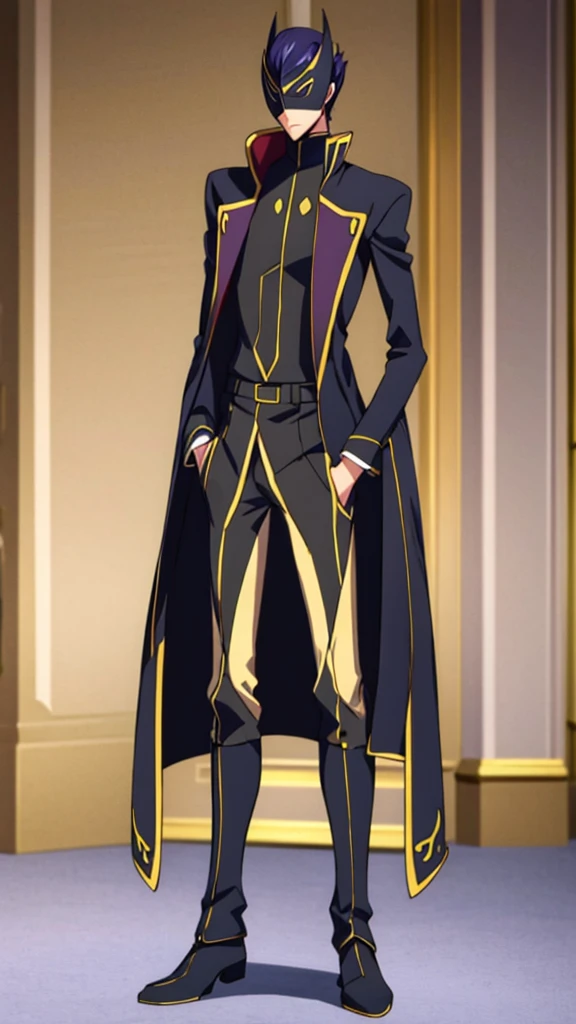 Male, teenager, military officer, wearing light clothes, a coat, and a mask, athletic build, hands in pockets, standing at attention, daytime royal hall setting, lone figure, facing viewer, fully in frame, full body shot, Code Geass style, codeGeass, CODEGEASS