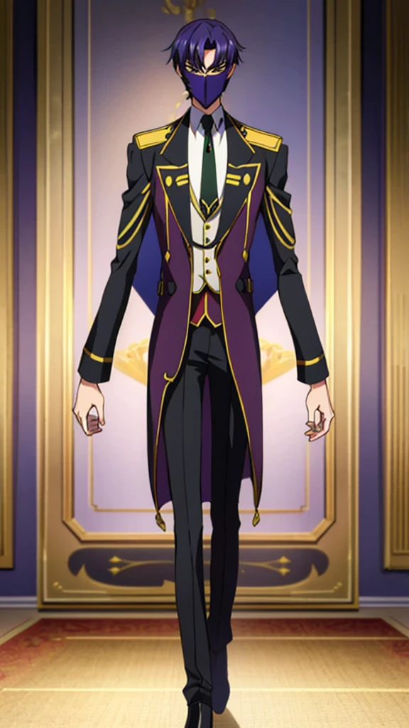 Male, teenager, military officer, wearing light clothes, a coat, and a mask, athletic build, hands in pockets, standing at attention, daytime royal hall setting, lone figure, facing viewer, fully in frame, full body shot, Code Geass style, codeGeass, CODEGEASS