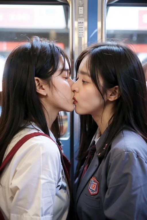 two schoolgirls, dislike kiss, facing each other, no gap, cheeks collide, angry expression, kiss, close contact on crowded train, stuck between girls face, glare