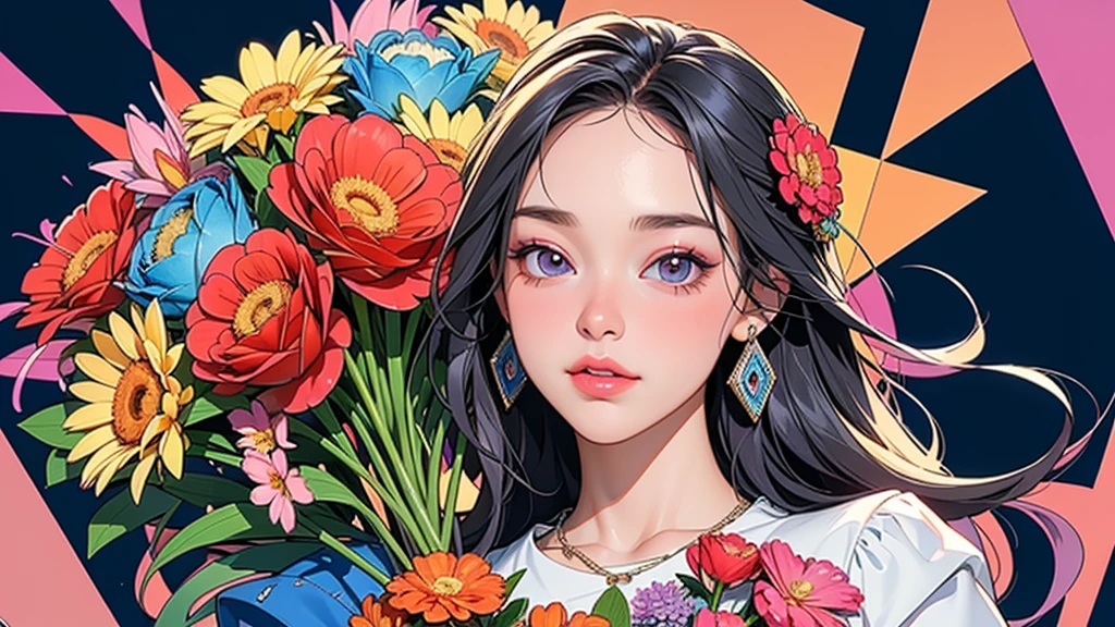 (ultra-Detailed Background, Detailed Background), Absurd, High resolution, Super detailed, Very detailed, One girl, (bouquet:1.3), (Tangled:1.2), (Geometric:1.2),(colorful),