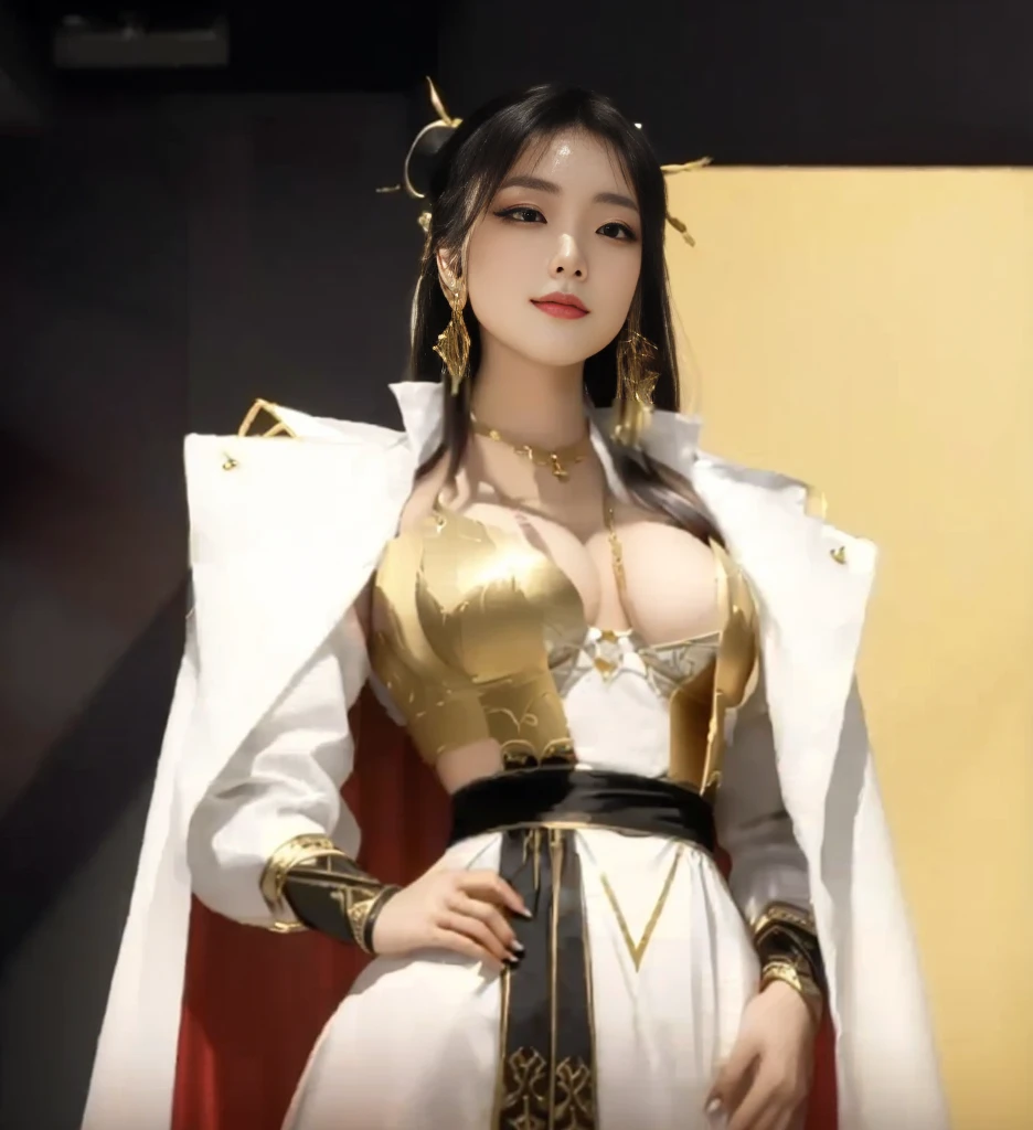 a woman in a white dress and gold outfit posing for a picture, zhongli from genshin impact, trending on cgstation, full body xianxia, loba andrade from apex legends, from overwatch, trending at cgstation, keqing from genshin impact, kda, artwork in the style of guweiz, senna from league of legends,mini bra, strapless bra, bikini top