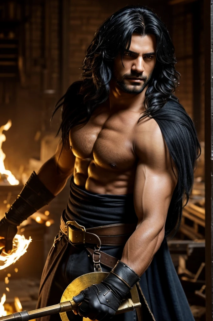 Appearance:
- Height: 5 feet 10 inches (175 cm)
- Hair: Black shaggy hair with a Streak of gold to it
- Eyes: Deep blue
- Build: Well-built from his work as a blacksmith's son
