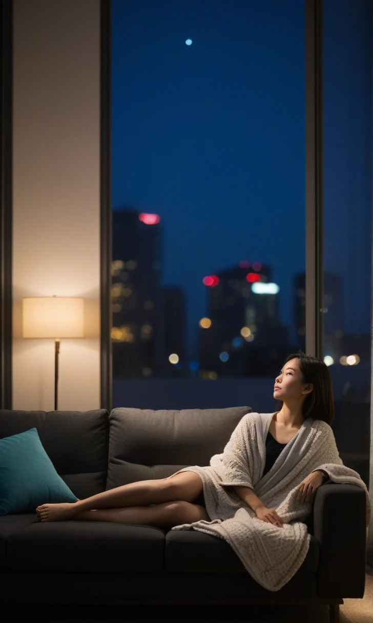 md style,asian woman,reclining,sofa,night,city lights background,indoor,blanket,casual attire,relaxed pose,barefoot,young adult,side profile,contemplative expression,bokeh,low light,cinematic lighting,modern apartment,window,urban setting,moody atmosphere,