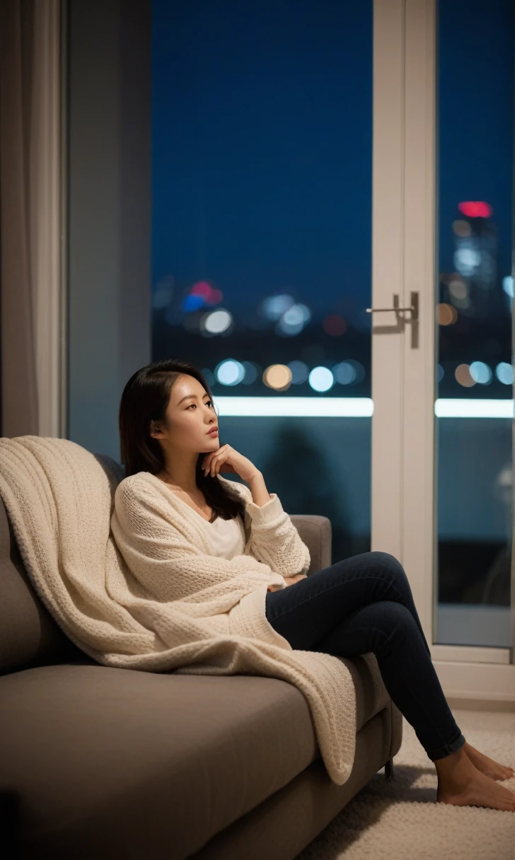 md style,asian woman,reclining,sofa,night,city lights background,indoor,blanket,casual attire,relaxed pose,barefoot,young adult,side profile,contemplative expression,bokeh,low light,cinematic lighting,modern apartment,window,urban setting,moody atmosphere,