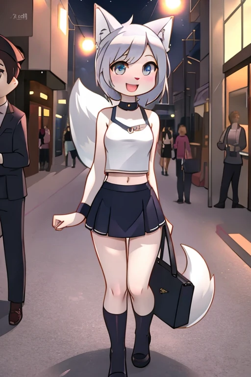 single, Wolf's Head, Wolf's tail, male、Transgender、Women、Femboy, Light grey ears, Light grey hair, fur on arms, Hair on the legs, Hair grows all over the body,, Face Viewer, Standing pose in the city、。Flat Chest、cute、、Unreal Engine、3DCG、Detailed depiction、High heels、Girly Skirt、Girly frilly clothes、Twin tail hairstyle、cuteリュックサック、stockings、体型はmale性